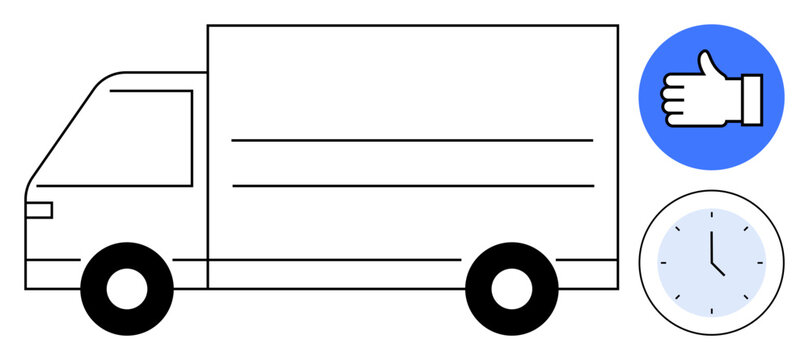 Box truck illustration with a clock and approval hand icon emphasizing punctuality and service quality. Ideal for logistics, transportation, express delivery, reliability, efficiency, customer