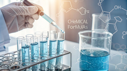 Photo of a scientist in a laboratory carefully adds a blue liquid from a dropper into a test tube, surrounded by chemical formulas