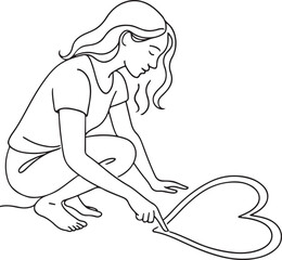 Woman Drawing Heart on Sand Beach Love Line Drawing on White Background