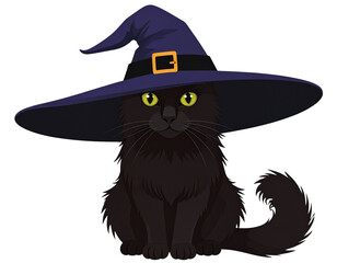spooky black cat with witch hat, Halloween vector, transparent background