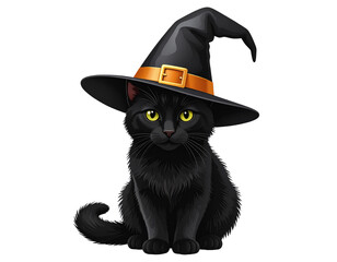 spooky black cat with witch hat, Halloween vector, transparent background