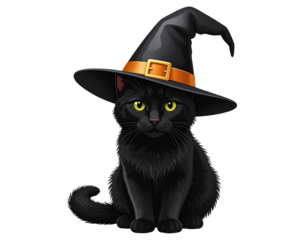 spooky black cat with witch hat, Halloween vector, transparent background