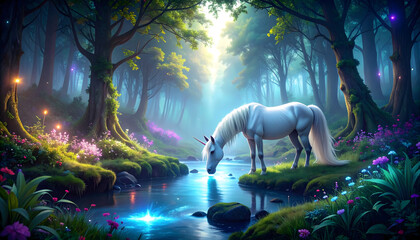 A majestic unicorn gracefully drinks from a mystical, glowing river in an enchanted forest filled with vibrant flora