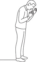 Standing Man Feeling Lost Confusion Line Drawing on White Background