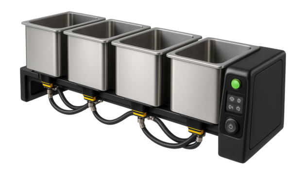 High-capacity ultrasonic cleaning system with modular design and multiple tanks for processing in an automotive parts manufacturing facility.