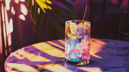 A colorful cocktail with lemon slices on a marble table, perfect for summer. A refreshing cocktail with lemon slices and a straw sits on a table, illuminated by colorful light.