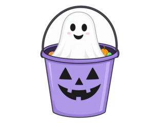 spooky candy bucket with ghost face, Halloween theme, transparent background