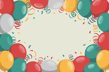 A festive background with balloons and confetti framing a blank space for text or other content use
