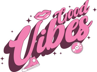 Pink Lips Converse And Vinyl Record Good Vibes Graphic vector