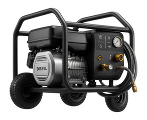 Fototapeta premium Diesel-powered high-pressure washer with a robust metal frame and large pneumatic tires for outdoor construction sites.