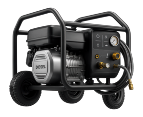 Diesel-powered high-pressure washer with a robust metal frame and large pneumatic tires for outdoor construction sites.