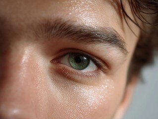 Close-up of a young man's eye, glistening with sweat, showcasing the effects of a heatwave, with a focus on the vibrant green iris and skin texture