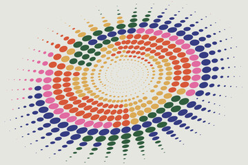 A colorful spiral pattern made of dots with blue pink orange yellow and green on a white background