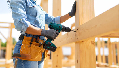 Carpentry Craftswoman: A skilled craftswoman expertly uses a power drill to fasten wooden beams in a sunlit construction site.