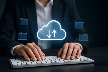 Business professional typing on white keyboard with glowing digital cloud icons, secure data interface, and floating blue folders on dark background