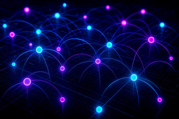 Fototapeta premium Quantum Computing Background with Glowing Qubits, Entangled Particles, and Futuristic Tech Grid in Neon Blue and Purple