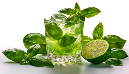 Refreshing Basil Cocktail Garnished With Lime and Fresh Basil Leaves