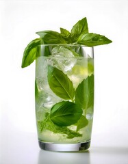 Refreshing Green Beverage With Fresh Herbs and Ice in a Clear Glass
