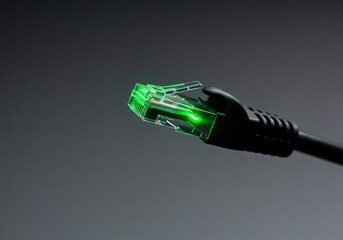 Connected Network: Close-Up of an Illuminated Green Ethernet RJ45 Cable Plug on a Dark Background, Symbolizing Data Connectivity, High-Speed Internet, and Digital Communication.