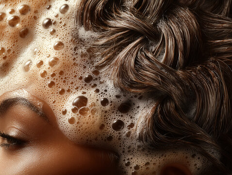 Natural Hair Care Focus: Detailed Coils with soapy Water Droplets