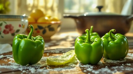 Fresh Green Bell Peppers Arranged on a Wooden Kitchen Table With a Bright Sunny Window