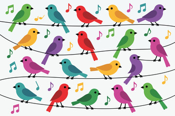 A colorful cartoon birds perched on wires with musical notes scattered around on a white background