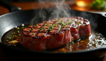 A perfectly cooked steak rests in a cast iron skillet, melting butter on top with a hint of green herbs. The background shows a warm fire, enhancing the inviting atmosphere of the rustic kitchen.