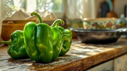 Fresh Green Bell Peppers on a Wooden Kitchen Counter Near Bowls and Cookware