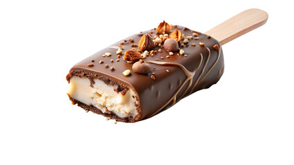Chocolate covered vanilla ice cream bar with nuts and drizzle isolated on a transparent background chocolate coating