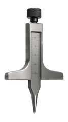 Obraz premium Vernier depth gauge with a stainless steel body and a locking screw for accurate depth measurements in a toolmaking workshop.