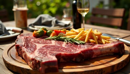 Grilled Steak Served With Fries and Vegetables in a Sunny Outdoor Setting