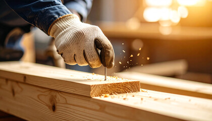 Crafting with Precision: A focused artisan's hand guides a nail into wood with deftness and precision, revealing the art of woodworking.