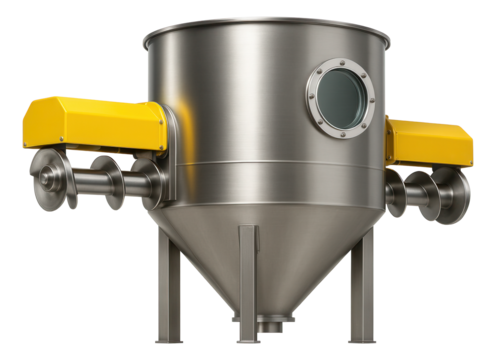 Horizontal mixing silo with dual side augers and inspection hatch for grain processing in an agricultural facility