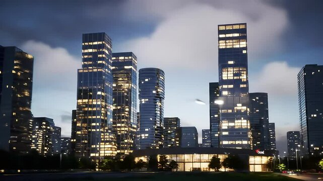 An upward view of a tall glass skyscraper captured from the sidewalk, showing the scale and symmetry of modern high-rise architecture. Perfect for cinematic loops, business themes, or urban perspectiv