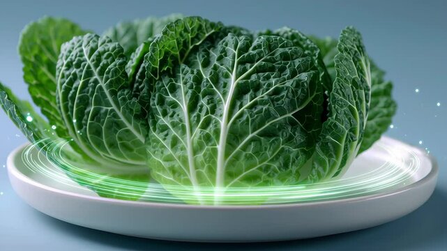 Green cabbage leaf white plate with glowing effect symbolizing bone strength and health benefits fresh green vegetable nutrition and healthy diet