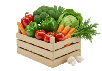 A rustic light wooden crate brimming with vibrant red and green bell peppers, juicy tomatoes, broccoli, lettuce, carrots, and button mushrooms, isolated on a clean white background with copy space,