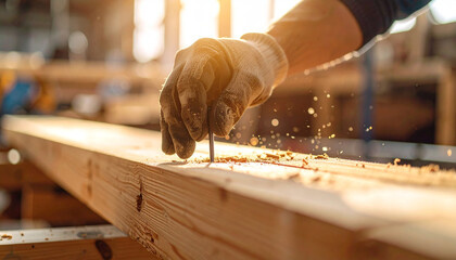 Crafting Precision: A skilled craftsman, with gloved hands, carefully hammers a nail into a wooden plank in a sunlit workshop, showcasing the precision and artistry of the trade.
