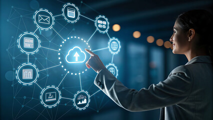 Photo of a woman touches a digital interface displaying a cloud computing network, illustrating data management and connectivity in a modern business environment