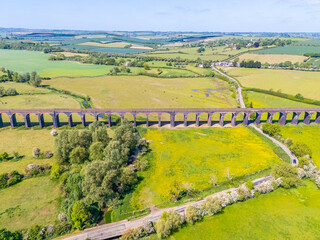 An aerial view looking down towards the middle section of the spectacular Harringworth Viaduct in...
