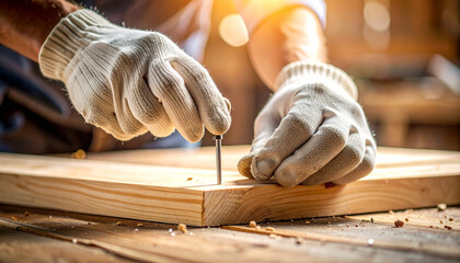 Crafting with Precision: Close-up of a carpenter's hands at work, deftly hammering a nail into a piece of wood, embodying craftsmanship and the artistry of woodworking.