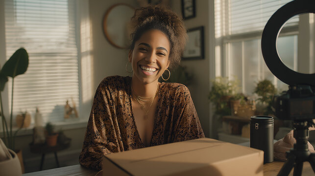 Vibrant Content Creator in Action: A radiant woman with a cheerful expression sits at a desk in a well-lit interior, captivating an audience while recording the latest creative material. - Powered by Adobe