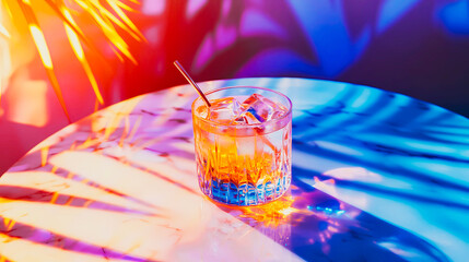A colorful cocktail with lemon slices on a marble table, perfect for summer. A refreshing cocktail with lemon slices and a straw sits on a table, illuminated by colorful light. Palm leaves shadows.
