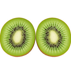 Fototapeta premium Two fresh kiwi halves with vibrant emerald-green flesh, distinct white core, and radial black seeds on a transparent background, a top-down macro shot with studio lighting, ultra realistic UHD food