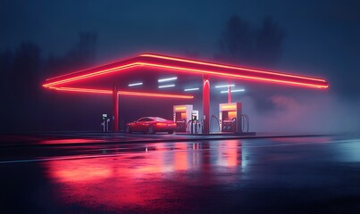 Gas station in a futuristic cityscape at night, with neon lights and a sleek, modern design
