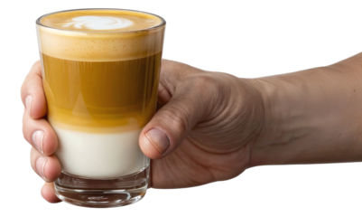 hand holding a layered cappuccino glass, with rich coffee and creamy foam