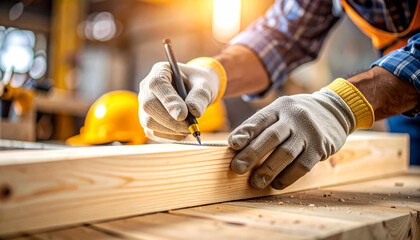 Precision in Construction: A skilled craftsperson, adorned in safety gear, meticulously marks a wooden plank with a pencil, demonstrating careful attention to detail and expertise in carpentry.