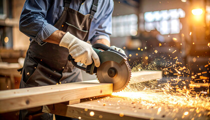 Carpenter Using Angle Grinder: A close-up shot of a carpenter's hands using an angle grinder to cut wood, sparks flying, showcasing precision and skill in woodworking.
