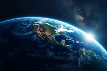 Earth from space showing North America and Caribbean islands with sunrise planet