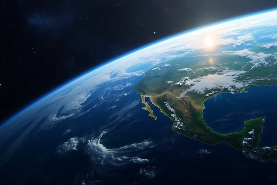 Earth from space showing Mexico and the Pacific Ocean with sunrise image