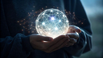 Photo of a persons hands gently cradle a glowing, intricate sphere of interconnected lines and nodes, symbolizing global networks and futuristic technology